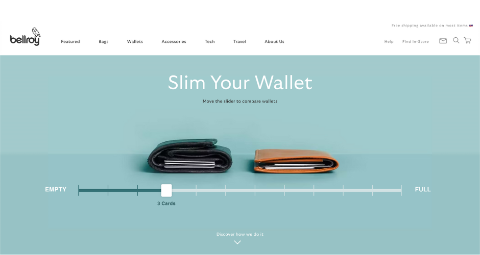 Product page with creative elements of the Bellroy e-shop